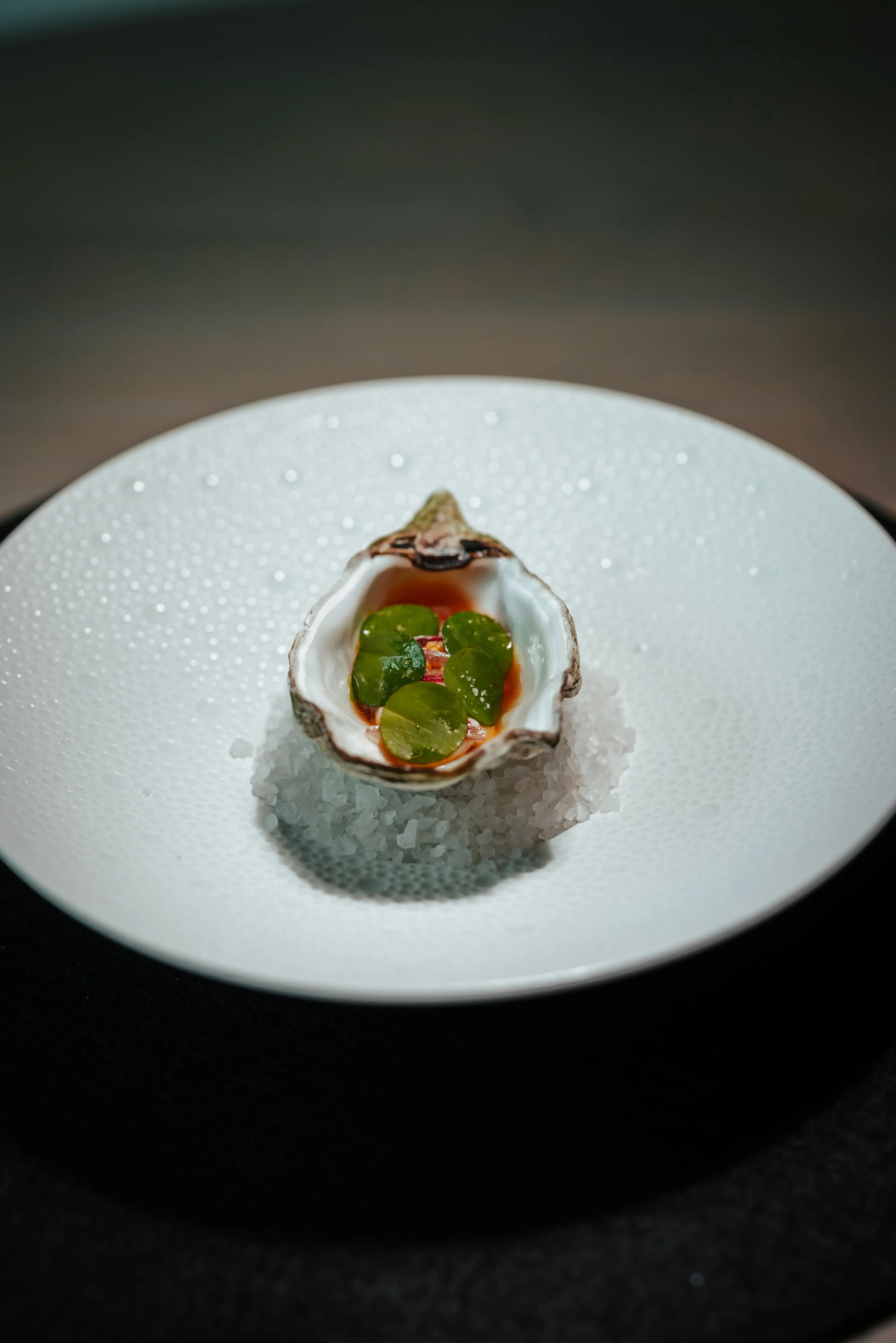 Fresh oyster served on ice, delicately garnished